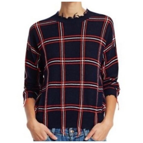 Scripted Ethan Windowpane Plaid Navy Orange Sweater distressed fringe - Picture 2 of 10